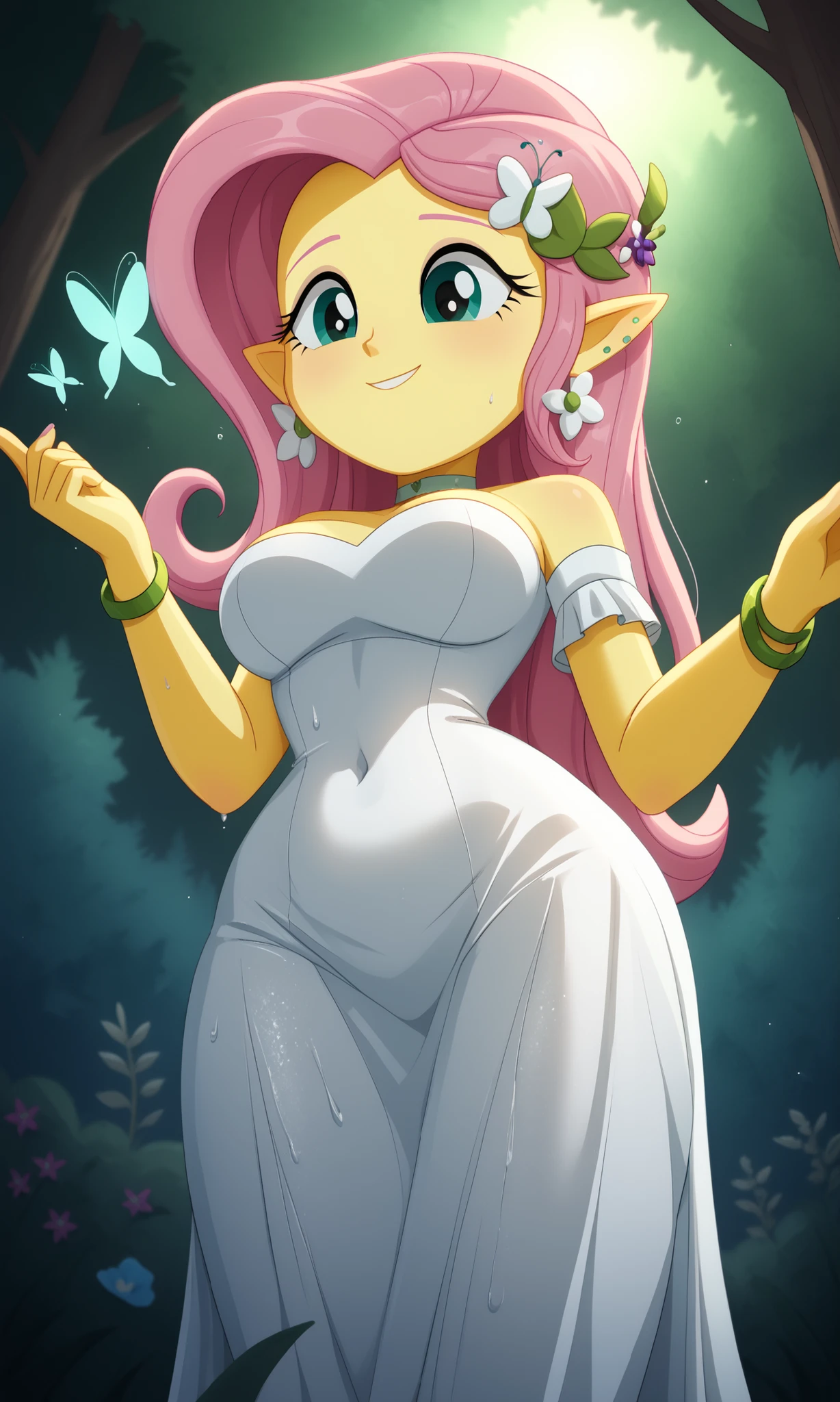  ((masterpiece, detailed image, soft skin, style_2d_chibi)), (fluttershy) 1girl, pink hair, alone, solo,  breasts, Big breasts, colored skin, yellow skin, navy green eyes, hair ornament, flower in hair, flower, ((focus on face)), ((looking down)), ((from below)), sideways, shy, mouth closed, 1 girl, elf, elf cosplay, pointed ears, ((forest nymph)), ((hair ornament)), ((flower in hair)), vines, choker, green flower choker, ((strapless dress, white thread dress)), ((white dress)), bright skin, smile shy, wide hips, thick thighs, neckline, transparent dress, transparent dress, bare shoulders, separate sleeves, ((shoulder bracelet)), dress with natural print, flowers, lianas, petals, ass visible through the thighs, covered navel, forehead bracelet, ((flower earrings)), ear piercing, sebtada, , trees, lianas rabas, dark forest, magic, leaning on the arm, butterflies, animals thigh butterfly on hand, wet, wet hair 
, SciTwi EQG, pink hair, yellow skin, 