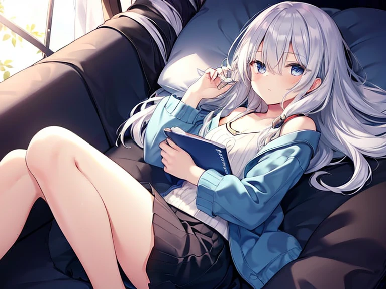 Anime Drawing,Golden Ratio,Very detailed、Very absurd、超High resolution, Attention to detail, high quality, High resolution, 最high quality, 4K, 8K,milky white hair, long hair, hair between eyes, wavy hair, extra-long sideburns, two side up,Girls playing games、Comic expression eyes、Sitting on the floor,One Girl,solo,Young girl、Colorful girls room,15 years old,Light brown hair