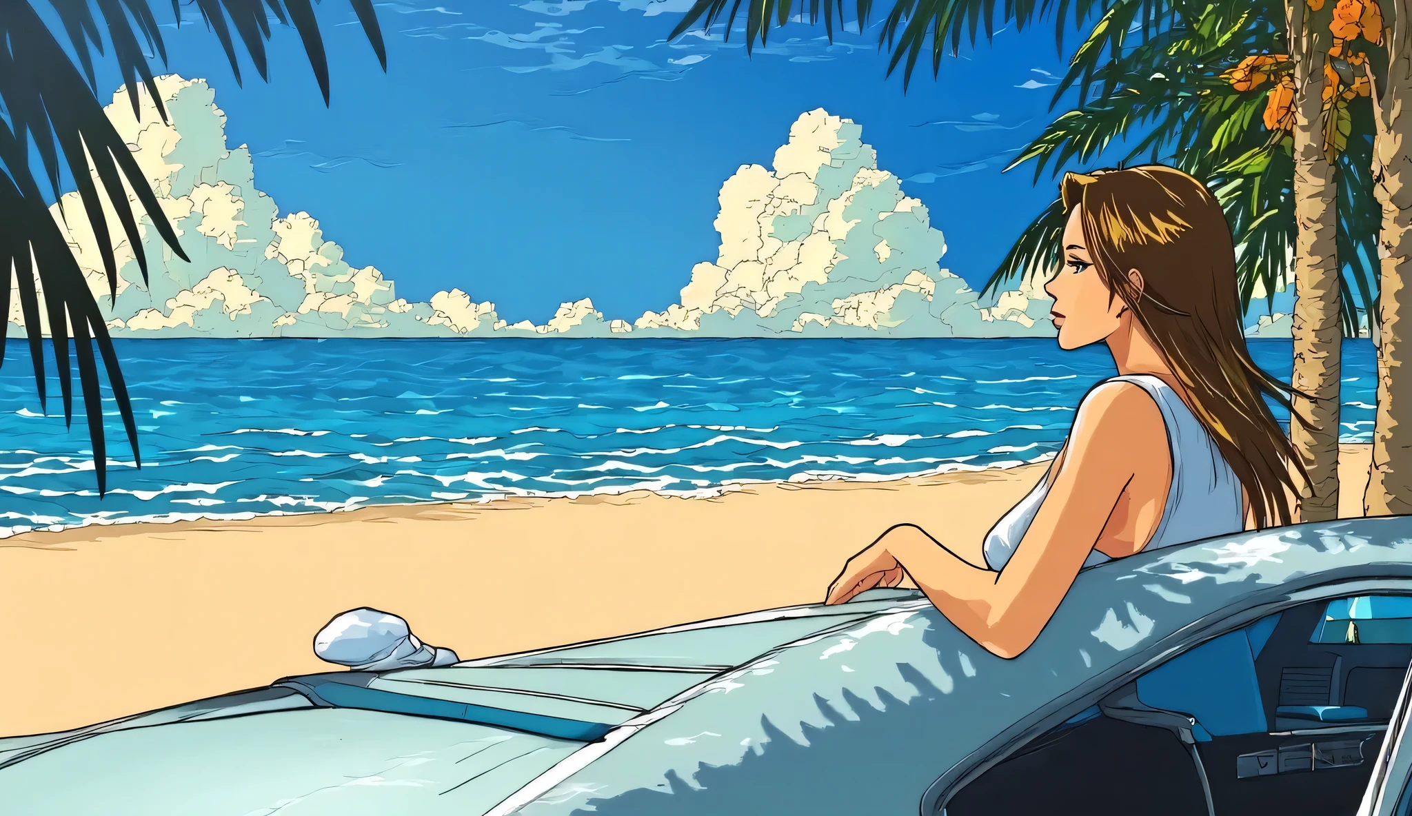 A woman leaning on a car is staring at the ocean、Sandy beaches and blue waters 、 opening 