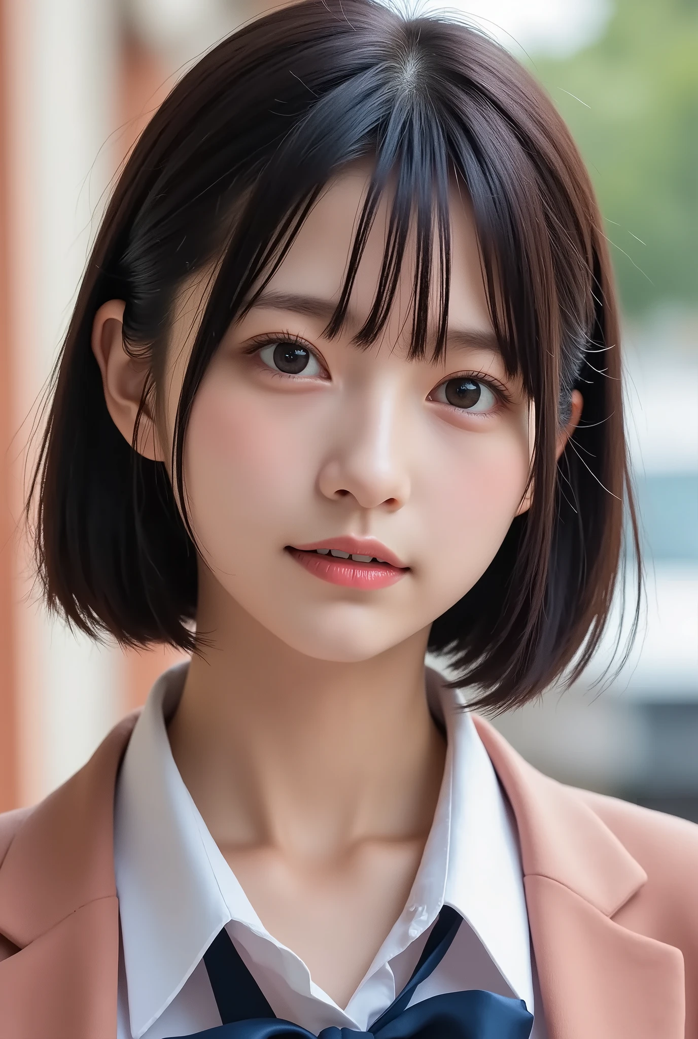 清楚な若い女性、、close your mouth:1.2、realistic、Photorealistic、very detailed、The inside with the most detailed skin、best quality、masterpiece、Ultra high definition、very short hair、Women's College、young girl、、bang、double eyelids、Drooling eyes、The Face of Japan to improve your white space outfit、歯を見せた笑顔、、 カメラ目線、薄い茶髪、