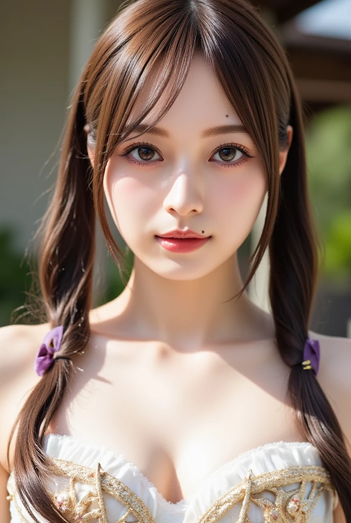 highest quality, Realistic, 8K, High resolution, 1 Girl, woman, (Skin dents), (Portraiture:0.6), nice, ((White Background, naked, Small breasts:1.65)), (Brown hair in a long ponytail, Parted bangs:1.4), Watching the audience, (1 Girl eyes Watching the audience:1.6), Realistic, (Bokeh), (Closed Mouth, smile:1.3), nice, Purelos Face_V1:1,Upper body close-up、