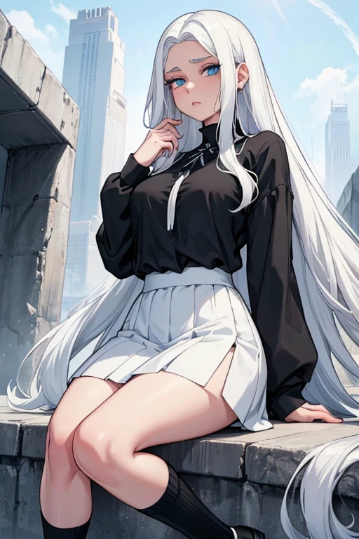 22-year-old white skin almost speaks white hair tight black socks black sneakers tight black hair, hair parted in half white hair parted in half , with mouth closed, women's blouse with disheveled hair Grantilia , light long skirt alone , extremely long hair alone , ] Close to the face blue eyes with white hair alone