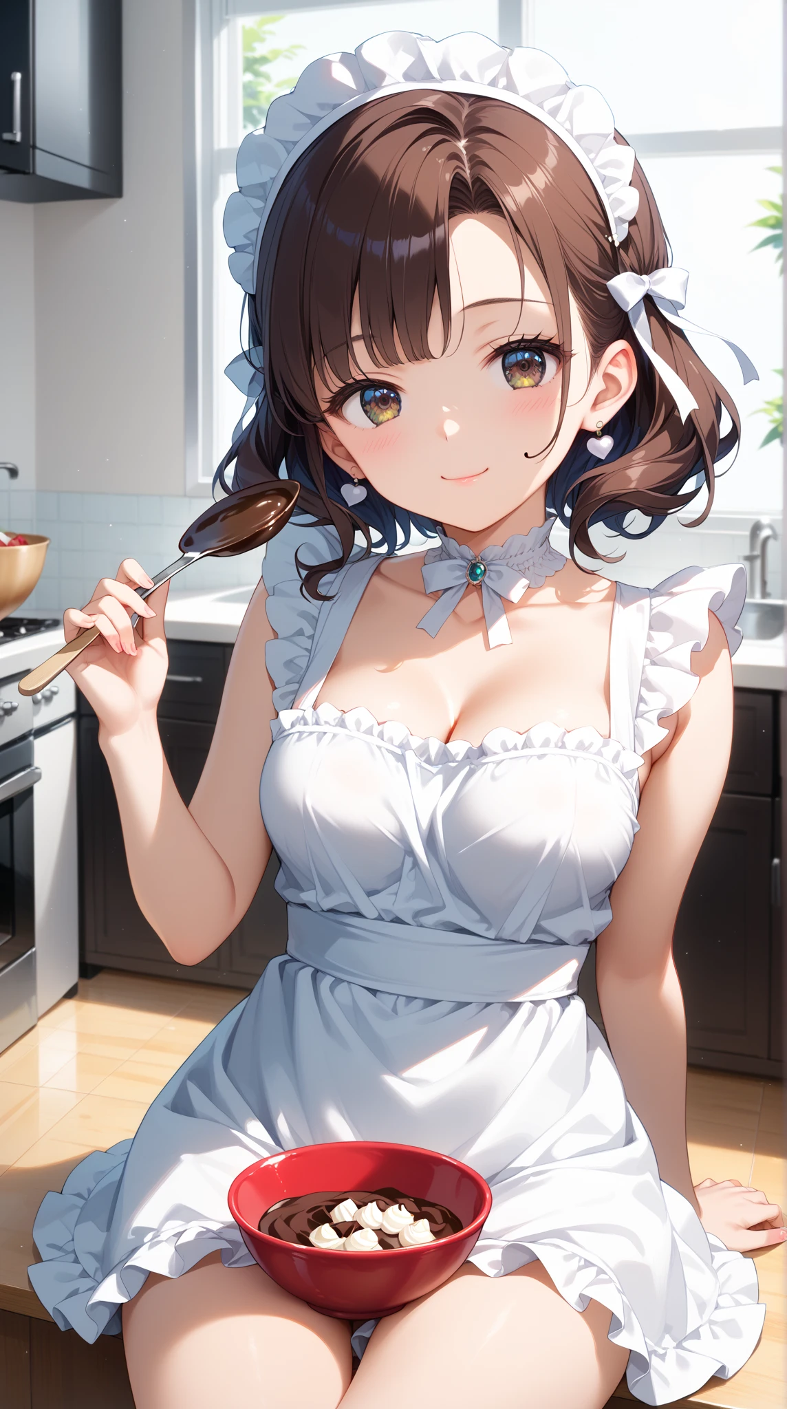 (dynamic angle:1.3, from front:1.1, breast focus:1.3, from below:1.2), (dynamic posing:1.5, sexy posing:1.3, leaning forward), (seductive smiling:1.3),masterpiece, 1girl, pointed chest:1.3,(double breasted:1.2,under bust:1.2), Amazing Cleavage:1.3, thin waist, big ass, Raised sexy, small breast: 1.2 posed cleavage:1.1, looking at viewer, open mouth, brown hair, blue eyes, bare shoulders, collarbone, sidelocks, hairband, sapphire earrings, indoors, red off shoulder sweater dress, arms behind back, short hair with long locks, blue gold hairband, big side hair, very long side hair is rendered in (masterpiece: 1.2, best quality), with (ultra high resolution) and an exquisite (depth of field). This masterpiece is not only visually stunning but also tells,A scene of cooking in the kitchen
