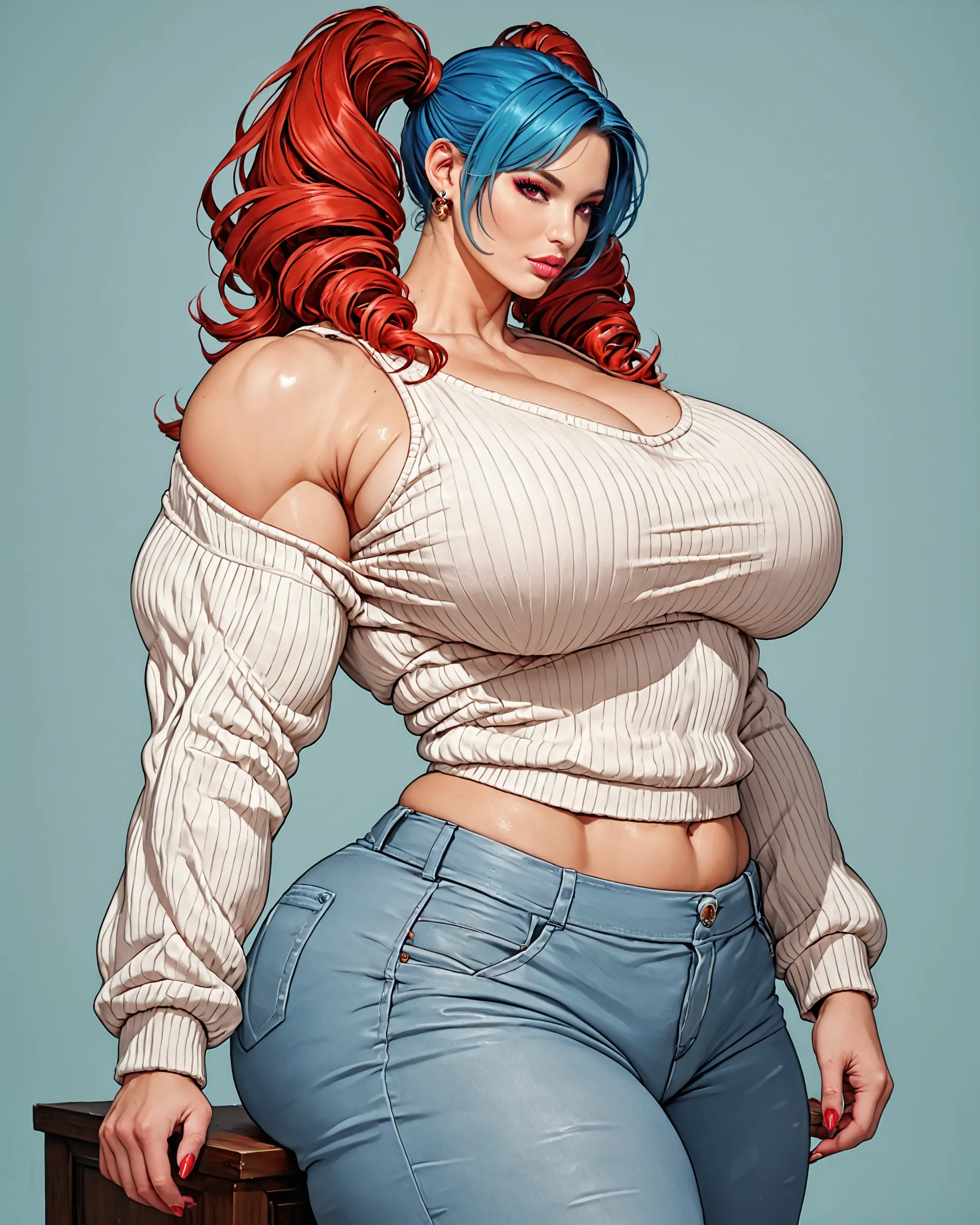 big breasts, she is a beautiful milf ((beautiful woman, 28 years old)), (red hair with dark tones, skull earrings, voluminous and flashy maria chinquinhas, barrette in her hair), double eyelids, light brown eyes, detailed eyes, hyper detailed, effect with clear eyes, detailed irises, ((((massive breasts)))), with incredible breasts and perfect waist, and a sensual body, ((denim overalls, beautiful and stylish, beautiful and cool strap blouse underneath, in delicate fabric, beautiful, cool, elegant , cleavage)), beautiful makeup ((masterpiece, hyper realistic, hyper detailed, best quality, 16k, light and shadow effect on the skin, vivid colors)), eyeliner, passionate expression, perfect red lips parted, innocent face and sexy, ((skin with light and shadow), beautifully seductive, calm, ((she is a beautiful housewife)), smile, flirting with the viewer, ((in variable sensual pose, in the store inside the fitting room))