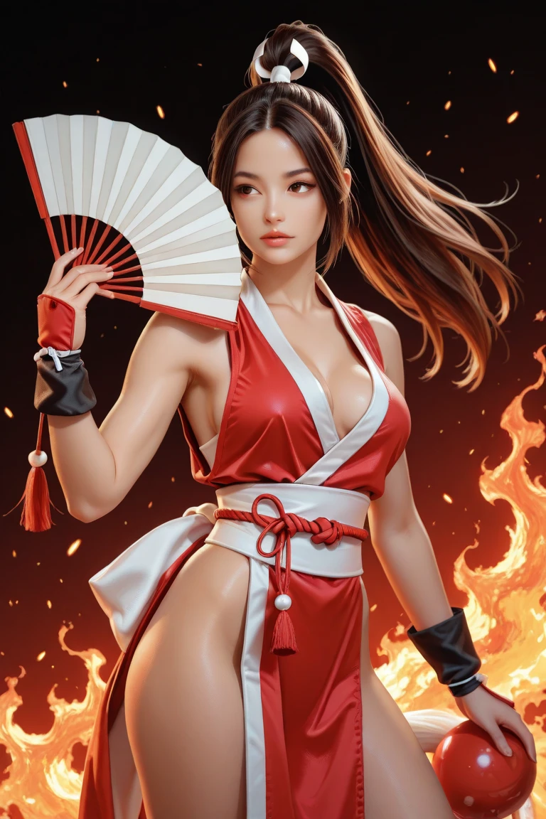 Mai shiranui, (best quality,ultra-detailed),(realistic:1.37), beautiful and detailed face, ultra-realistic texture, delicate face, delicate body, red lipstick, vivid colors. High definition, 8K. athletic body.