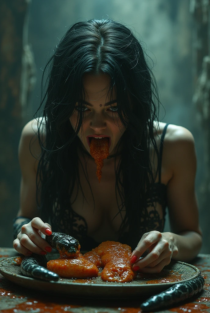 There's a woman dressed in latex leotard dining, eating disgusting human parts, night, dark room, horror movie, cinematic, woman eating, creepy, ominous background, dark atmosphere, ultra detailed, photorealistic, masterpiece, best quality.