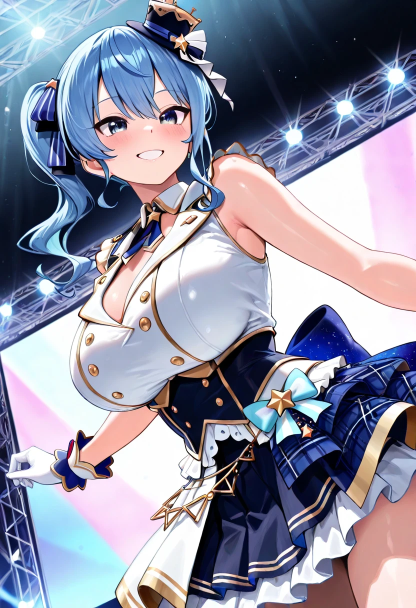 maki , short hair, blue hair, purple eyes, ., large breasts,, Live Stage, solo .nsfw