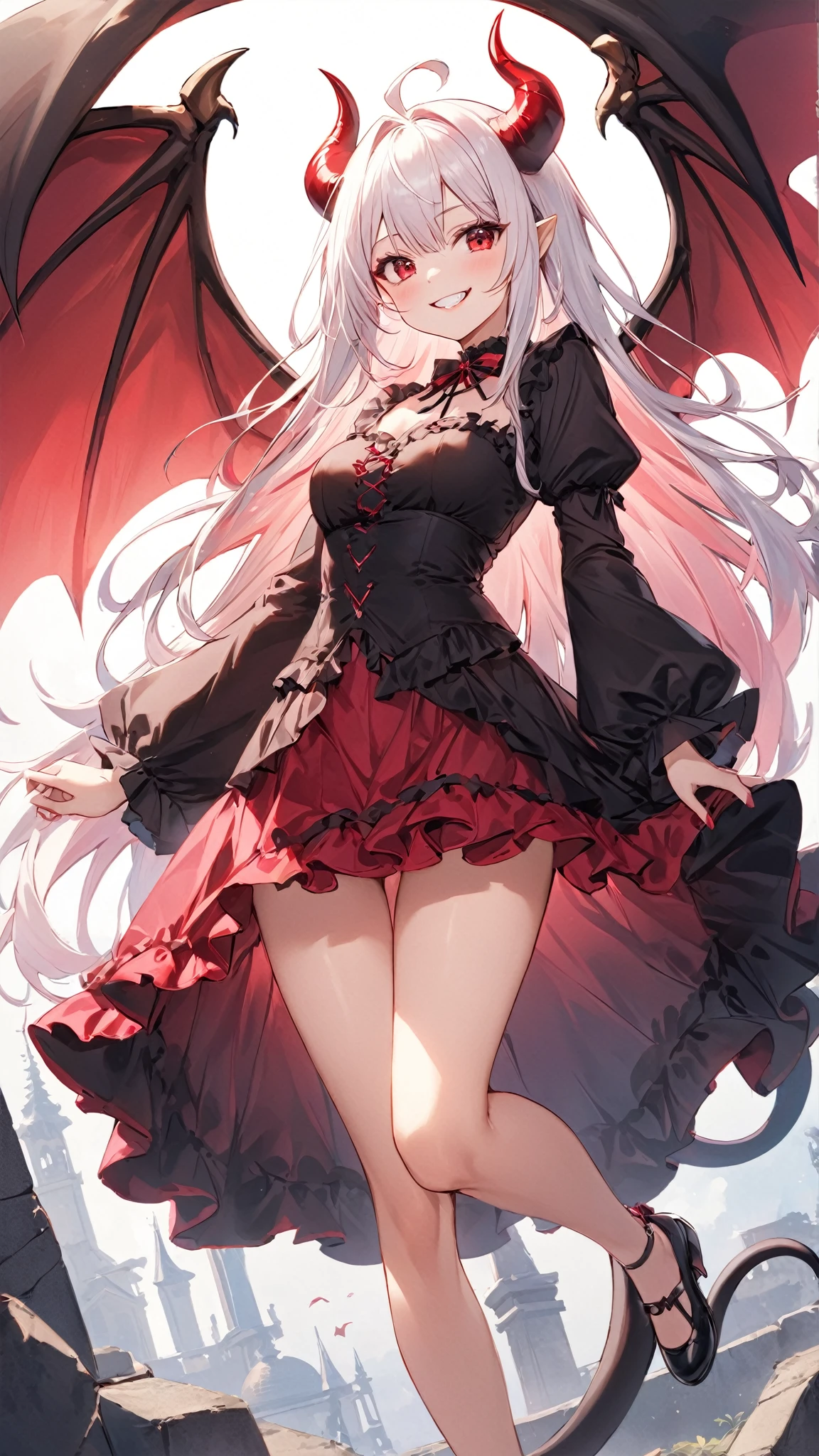 Remilia Scarlet, obscene pose, blue hair, obscene costume, Red eyes, wings, , evil smile, cinematic light, Black background, necklace, Domination, white stockings, gasped, Opening the leg, holding a skirt in his hands, You can see the underpants, choker on leg, full height