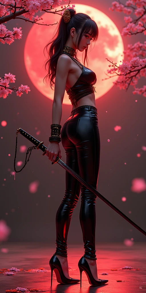 (Masterpiece, Best Quality), 8k Wallpaper, highly detailed, sexy female ronin, samurai, cherry blossom flowers border, japanese tattoos, katana, japan, night, moonlight, vector style art, erotic, movie poster style, lettering.