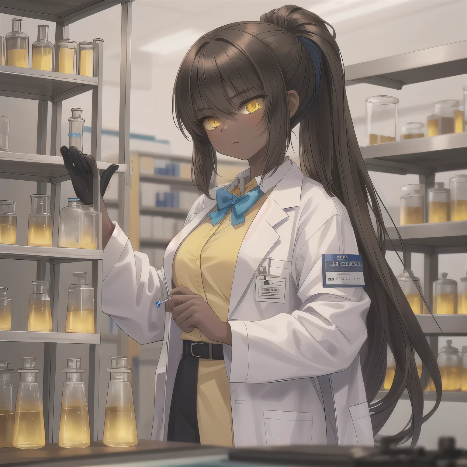 Depict a 20-year-old, stunningly beautiful woman conducting an experiment in a well-equipped science lab. She wears a pristine white lab coat over professional attire, her expression focused as she carefully handles scientific instruments. Whether her hair is long and neatly tied back or short and styled, she maintains a meticulous appearance suited for the lab environment. The background features shelves filled with scientific equipment, adding to the immersive atmosphere of the setting. Dark Hair, Black Skin, Brown Skin Female, Long Hair, (Yellow Eyes:1.5).
