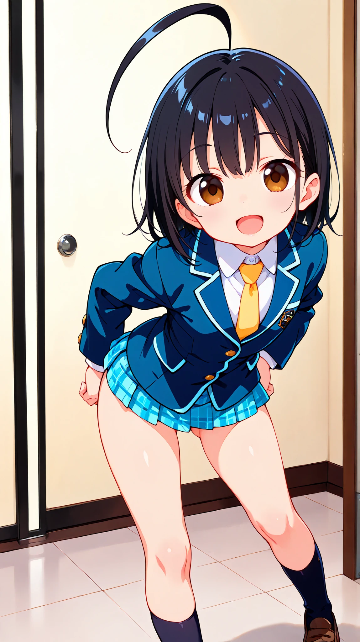 nsfw,((anime style)),score_9, score_8_up, score_7_up,masterpiece, best quality,ultra detail,,huge ahoge, negishi masako , 1girl , ((((((solo)))))),short hair,black hair ,long bangs,brown eyes,round eyes,(Flat Chest),school uniform,(((blue blazer))),light blue checkered Pleated mini skirt,(((((mini skirt))))), Yellow necktie,((necktie in the blazer)),(((knee))),(brown loafers),((black short sox)),((ass visible through thighs)),(((((contrapposto))))),(A glimpse of her thin thighs) , cute ,((Mischievous open mouth smile)),((cute face)),((((((leaning forward)))))), (hands on hips),(((front shot))),(((whole body))),