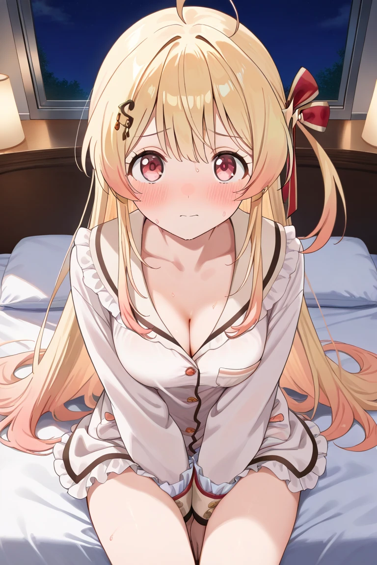((masutepiece)), ((Best Quality)), (Ultra-detailed), Anime style, Luxury bed, Cute little girl s, 1girl in, Solo,((Beautiful eyes)), large full breasts, wearing underpants, Smile