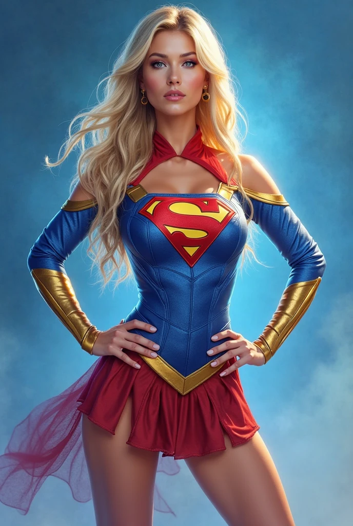 Closeup fullbody portrait of teeny Supergirl, blonde long hair flying in the skyes, intricate background, atmospheric scene, masterpiece, best quality, (detailed beautiful face, detail skin texture, ultra-detailed body:1.1), fantasy, feminine+, shiny wet skin, looking at viewer, modelshoot style, (extremely detailed CG), photo of beautiful artwork, High Detail, Sharp focus, dramatic+, (photorealistic), Intricate, handsome,