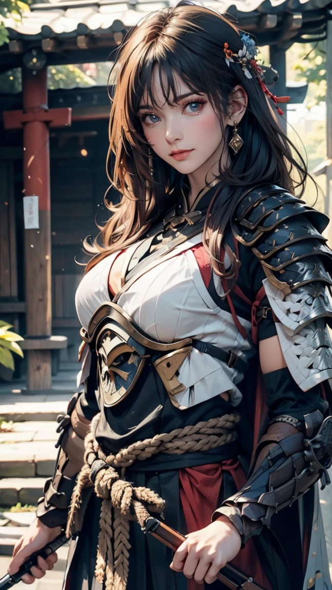 1 girl, (masterpiece), perfect body, big breast, yellow wavy long hair, red eyes, freckles face, wearing sexy samurai armor, cowboy shot, 4k uhd, perfect lighting realistic photography, soft shadows, japanese village background