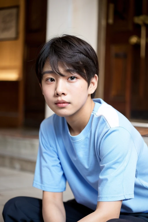 Male middle school student、Young man in his teens、Boy's face、Amorous smile、Grinning lustfully、The corners of the mouth are turned up、Berry Short、Men's hairstyles、Close-up while squatting、