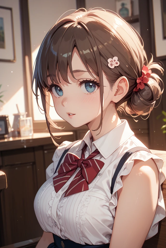 (brown hair), braided ponytail, ((rabbit ears)), maid headdress, Fujicolor, (((masterpiece))), ((textured skin)), (((high details))), highres, cute, lovely, maid, Apron dress, ???????????, overhead view, ((rose garden)), (sleeveless shirt:1.7)