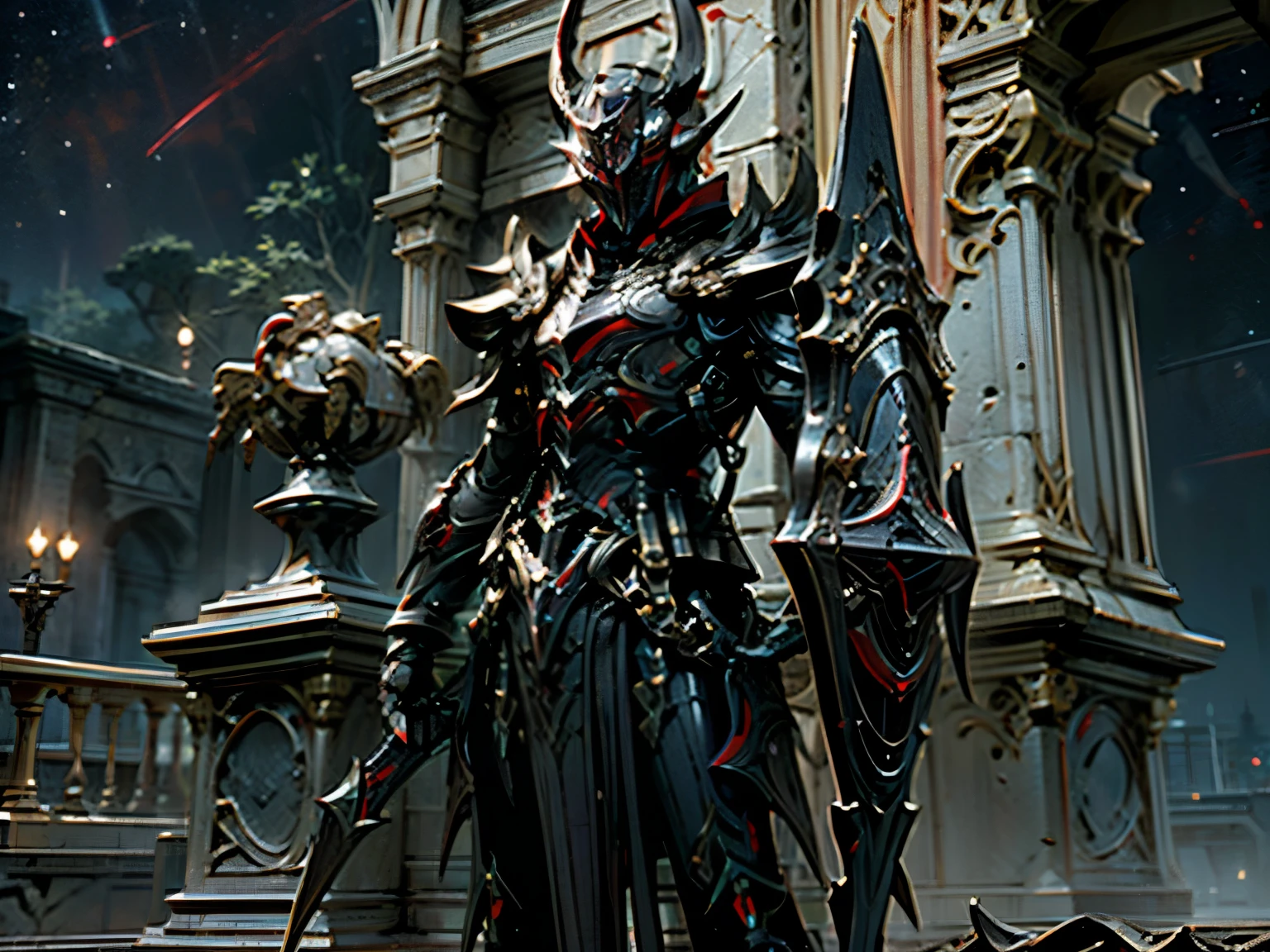 anime character standing in front of demon world, dark sky, red aura, full armor, demon, the style of wlop, black pawn, bulwark armor with red trim, large body, flat face covered, rook heavy armor, cylinder red helmet, holding large shield infront, shield larger than a person height