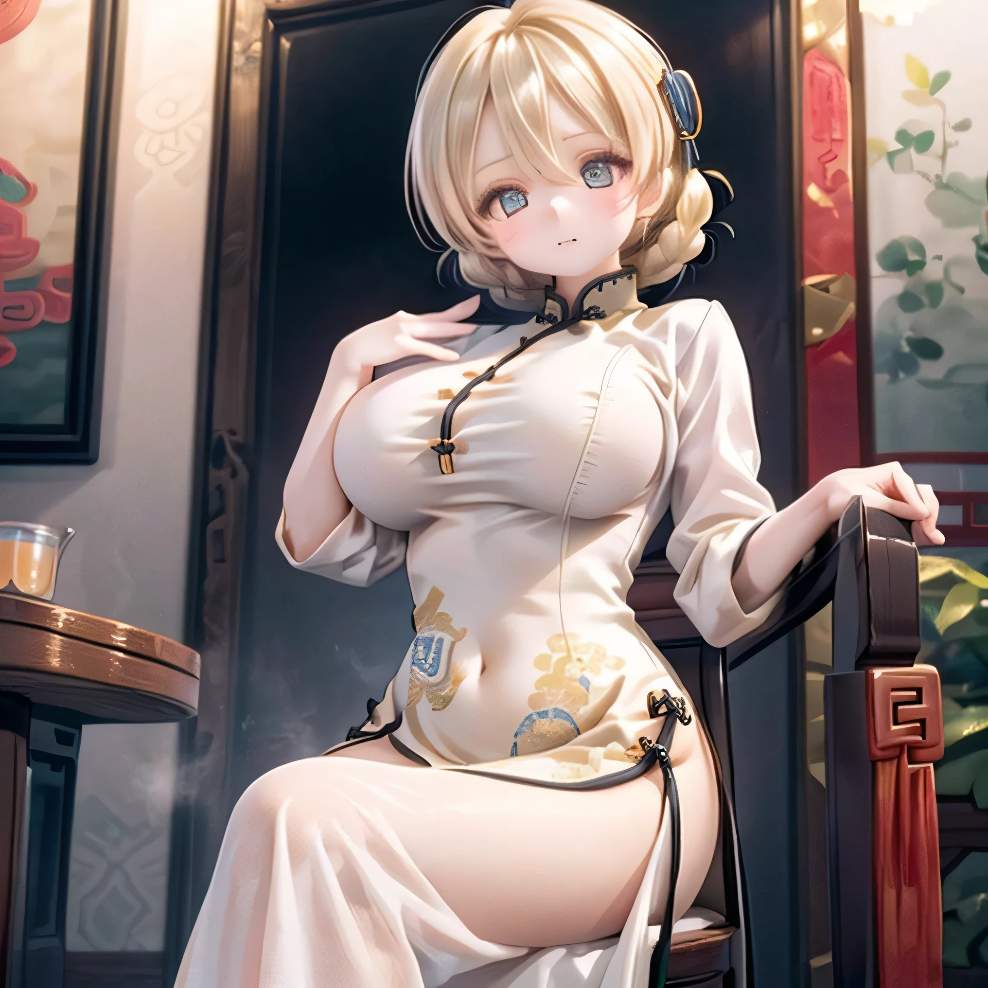 Thorough, A beautiful woman with expressive eyes , A man with a perfect face, blondes , golden eyes , Pでk Lips, Attention to Thorough , (((((china dress ))) bright color, it's cute , 'n'n' Ki clearly outlines his eyes , crooked . poor、 sexy pose with Darjeeling's hairstyle、
(((Big Breasts))) sit on a chair
