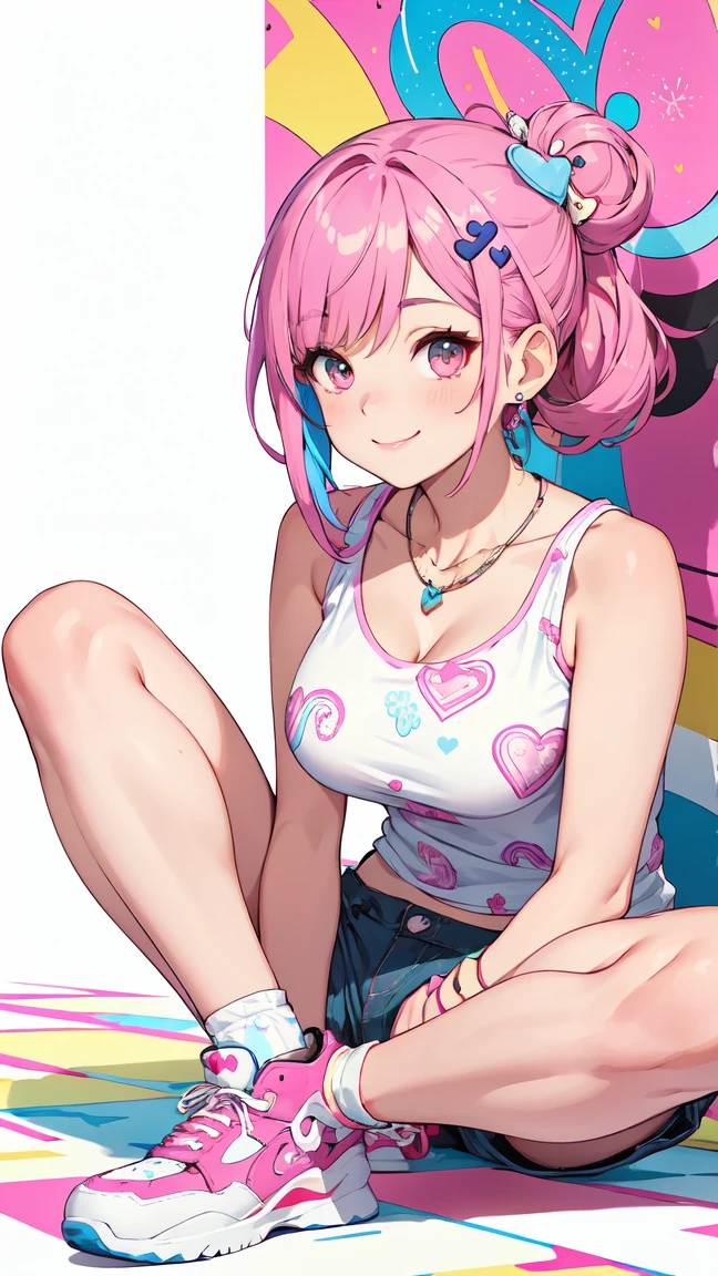 Girl, pink hair, blue eyes, hearts tank top, big breasts, Short skirt, exposed stomach, ice cream