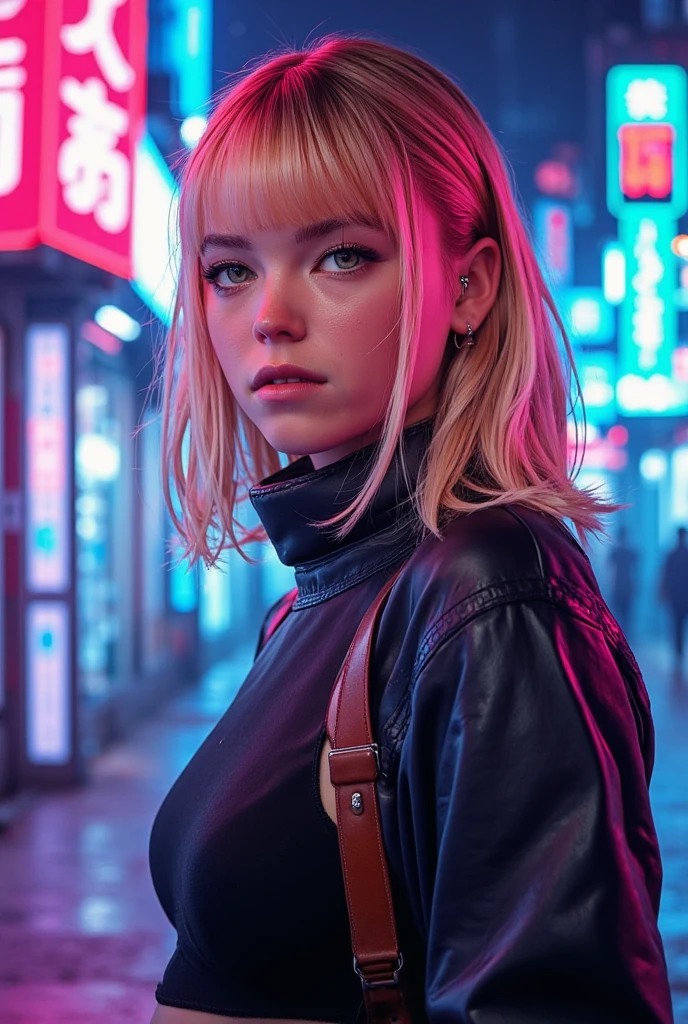 A beautiful European girl, on the roof of cyberpunk building, neon, serious face, wearing purple medieval dress, jewelry, cleavage, full body. She is 24 years old, has Split-Color Hair, blond hair, egyptian_bob_hairstyle and blue eyes. Her cloth is stylish and her overall appearance is stunning. The girl's face is extremely detailed with beautifully detailed lips. Her skin is anatomically correct with realistic textures. The image should have super high details and be of the best quality, with a resolution of 8K. The final result should be a masterpiece, showcasing the girl's beauty and the vibrant atmosphere of The neon cyberpunk city and the night