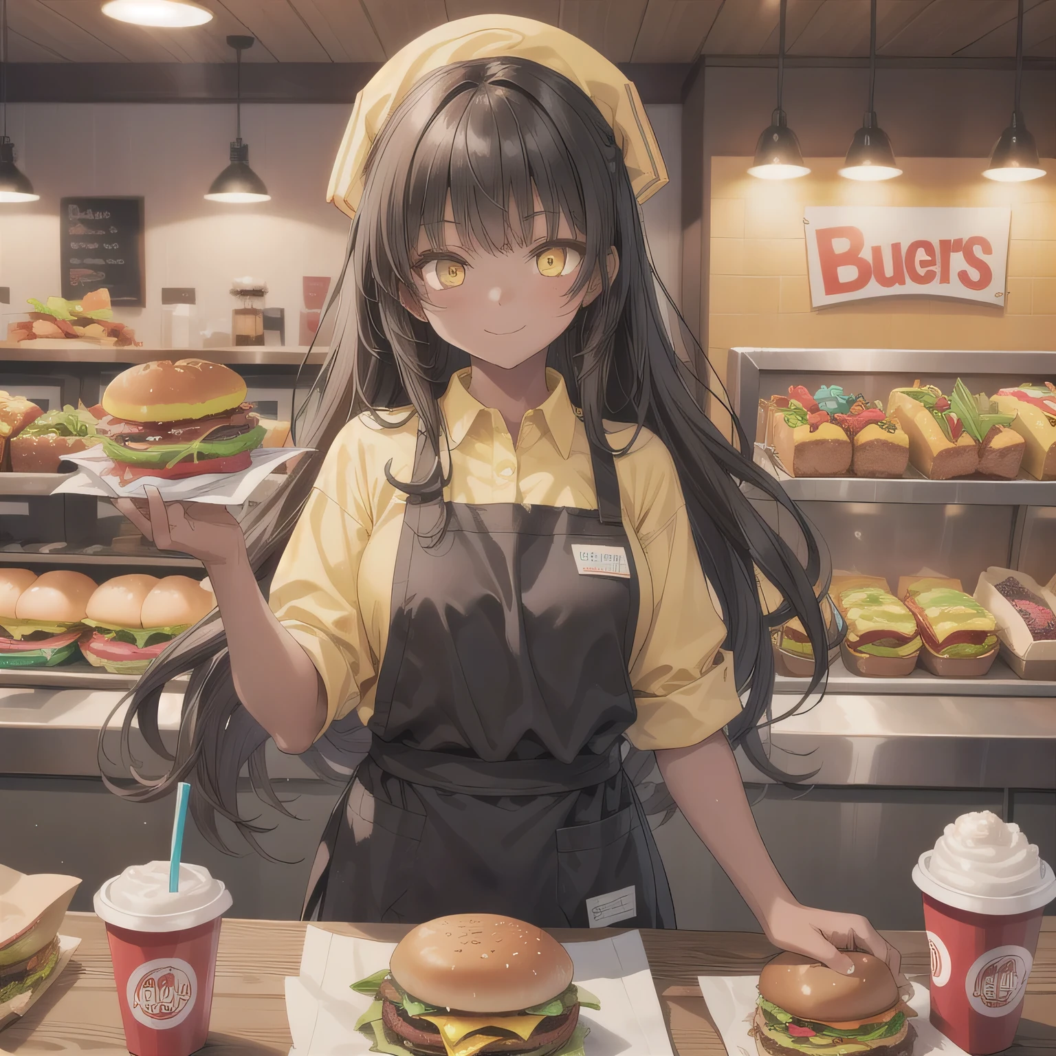 She is a cheerful girl working behind the counter at a cozy burger shop. She is wearing a cute burger shop uniform and smiling warmly at the customers. The background shows a bright and clean fast food counter with menu boards. Dark Hair, Black Skin, Brown Skin Female, Long Hair, (Yellow Eyes:1.5).
