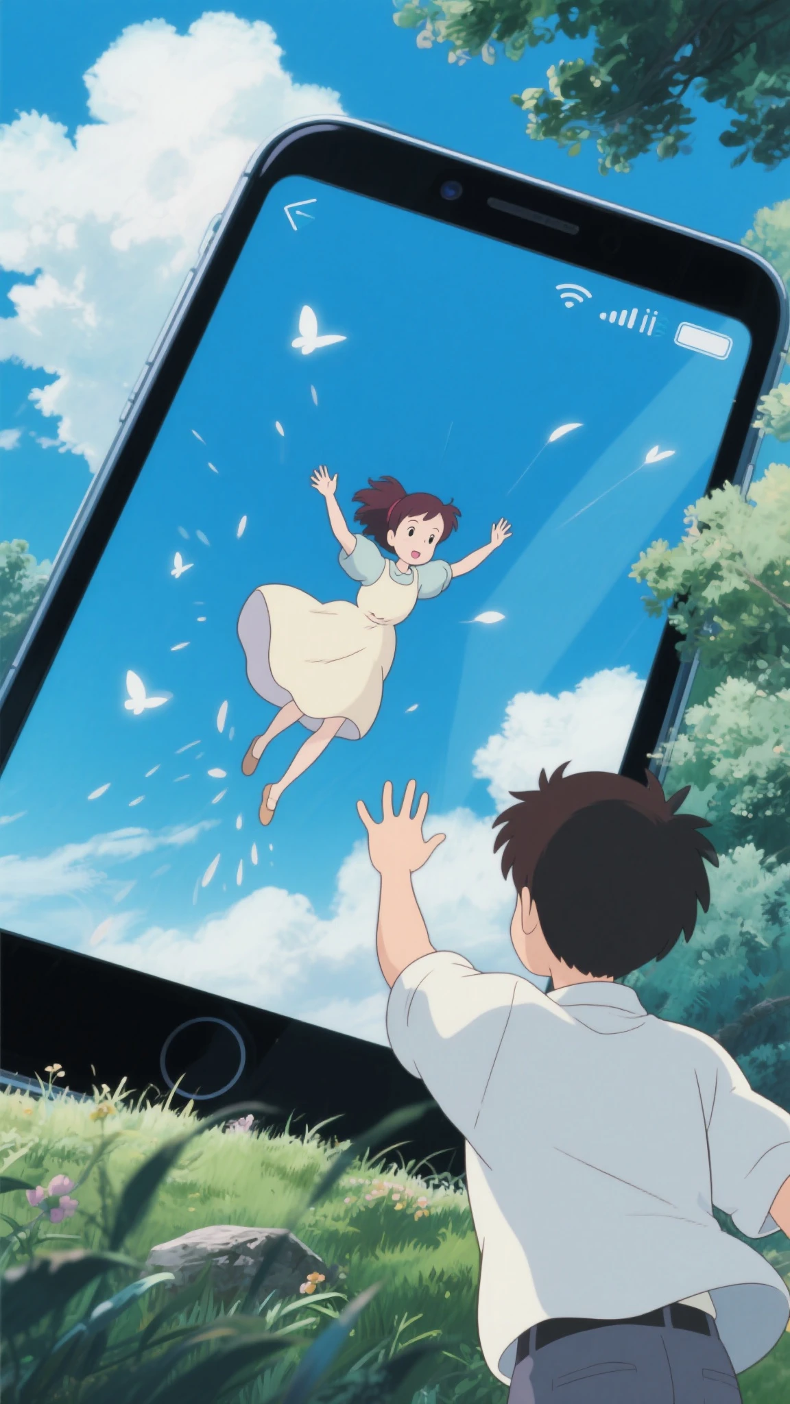 smartphone and hand holding it。A girl is falling from that screen。The boy outside the screen is trying to accept it。Studio Ghibli Style
