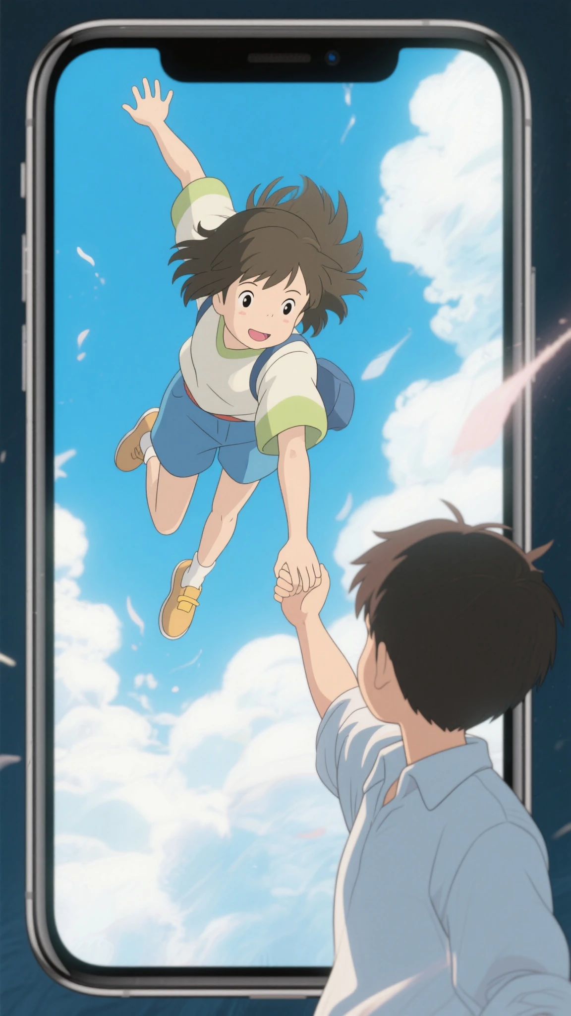 smartphone and hand holding it。A girl is falling from that screen。The boy outside the screen is trying to accept it。Studio Ghibli Style