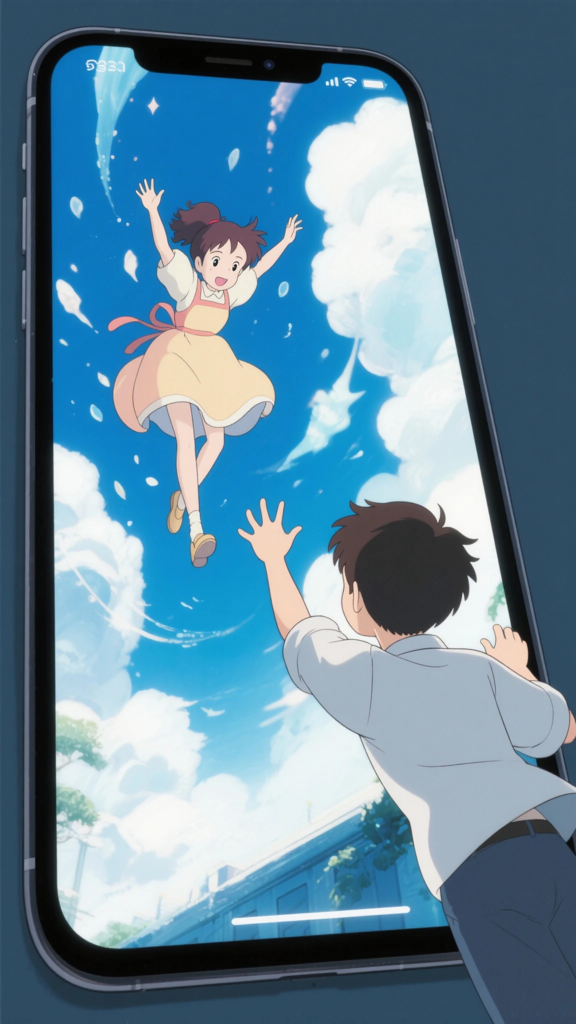 smartphone and hand holding it。A girl is falling from that screen。The boy outside the screen is trying to accept it。Studio Ghibli Style