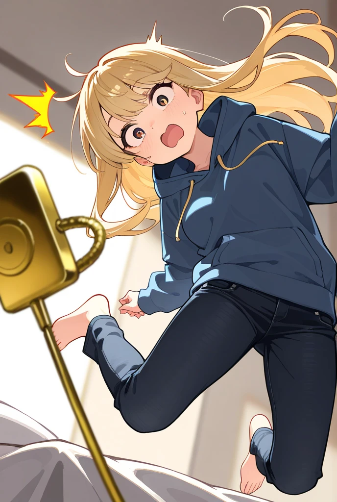 masterpiece, best quality, 1girl, chibi, climbing wall, blonde, blue eyes, bottomless, crying, surprised, nude ass, ((ass chewed by grey wolf)), bite marks on ass