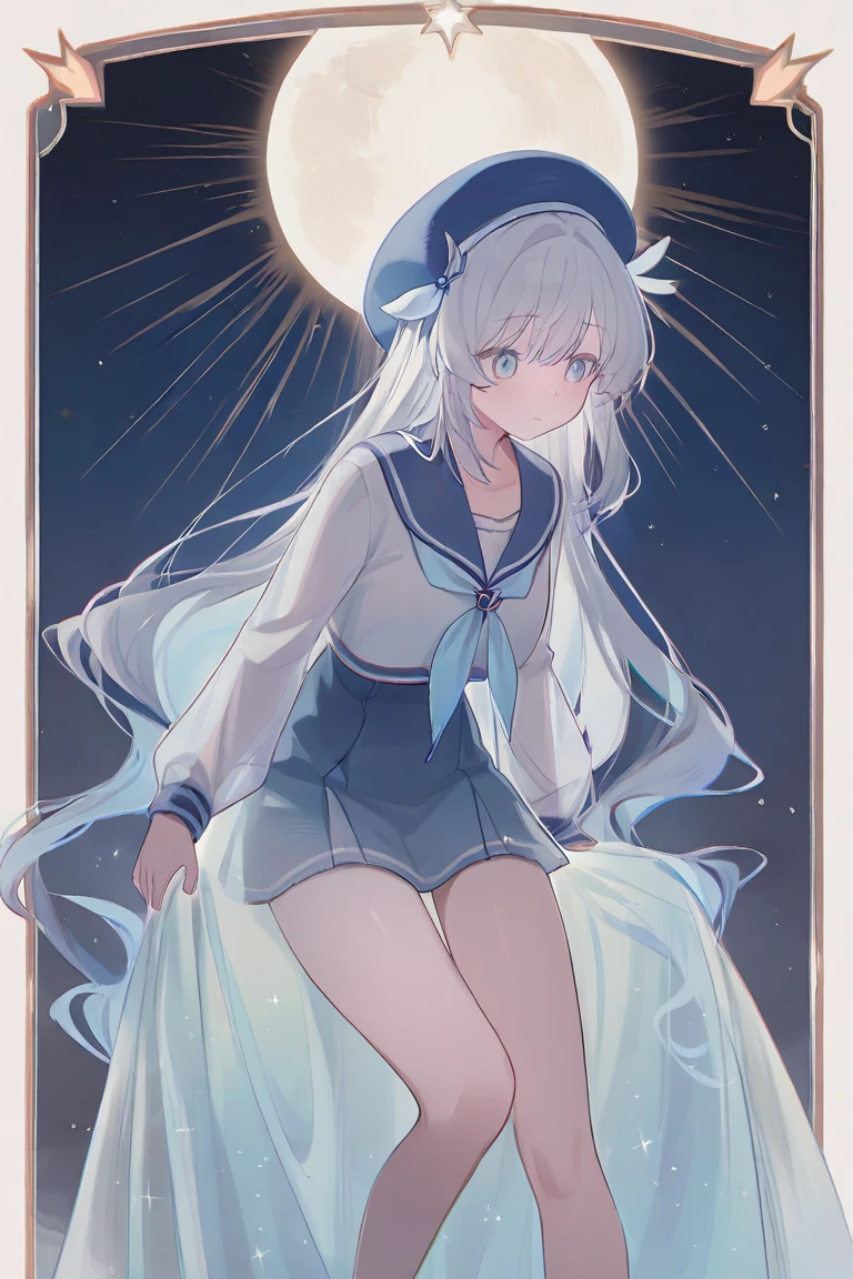 adolable，lgirl，star earrings，long whitr hair，Heteropupil，Sit on the ground with your knees bent，slanted bangs，exteriors，Light snow fell in the sky，The small mouth opens slightly，Faint starlight，The cheeks are slightly red from the cold，White hair，White hair，White hair，There are dull hairs，Bare legged，leg loops，Spread your legs，shyexpression，White panties leaking out，Star little cloak