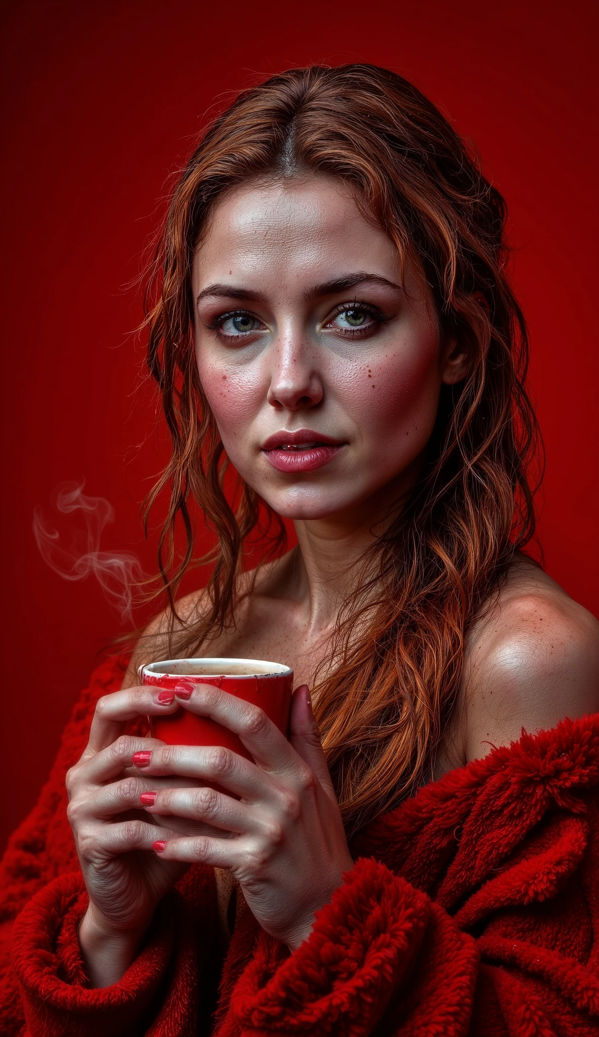 Epic realism portrait, low coloured photography, 25 years old pretty sexy sweaty smile woman holding cup of coffee red color and white dots with rising smoke, main red lights and shadows on face, light red background on atelier and sun shining from the outside to the face, she wants to smell the cup, big green eyes, too many freckles, rusty straight long hair, naked under wearing in unbuttoned light red and more red coloured more glittering fur and visible breast gap and hood on head, red piercing in the navel, reflections of sweat droplets on the body, light red nails, Hasselblad X2D 100C, looking into the lens, focus f=1.2, distance=200 ft, more bokeh, epic backlight. 8k nordic woman... --ar 9:16