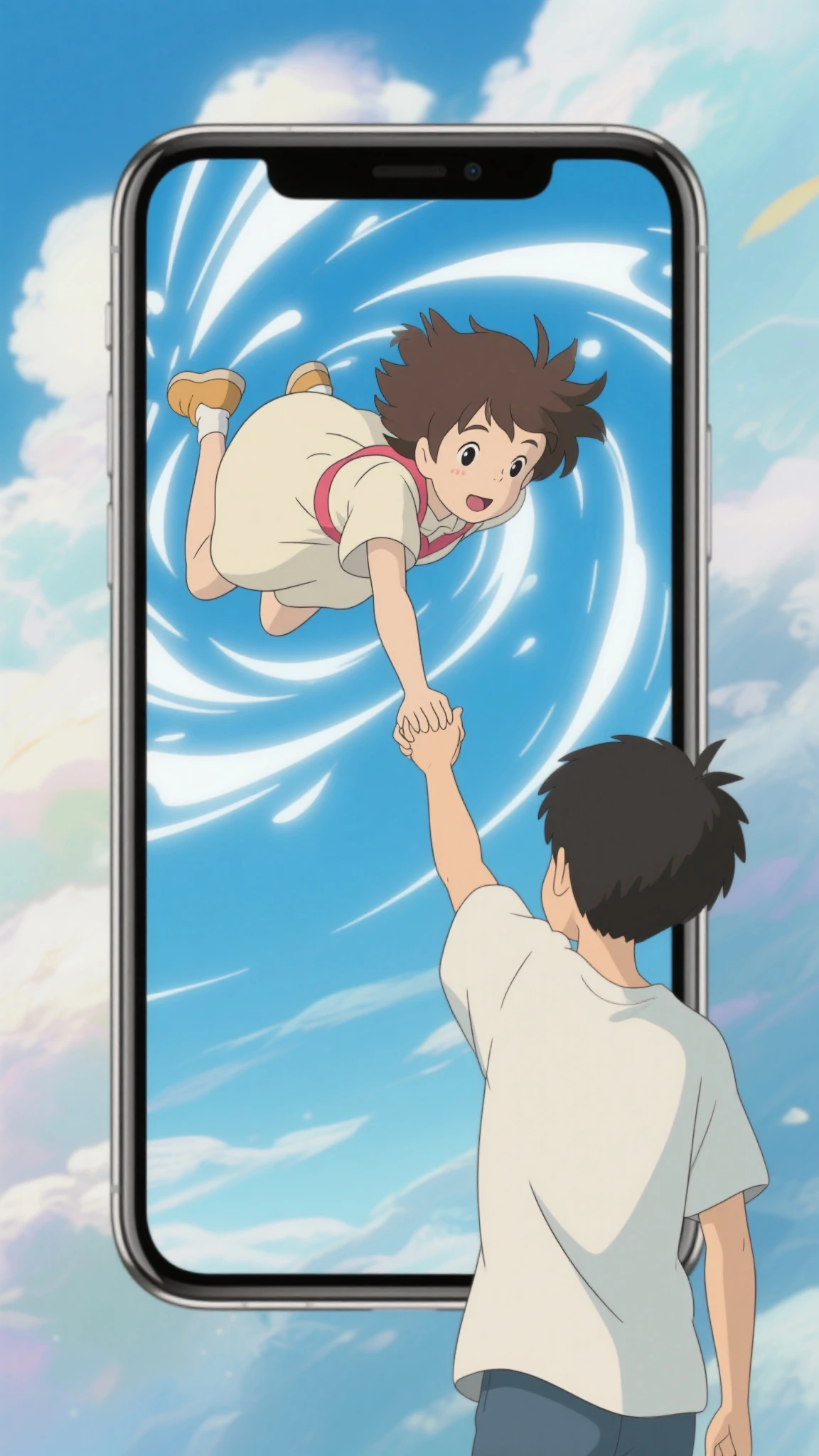 smartphone and hand holding it。A girl is falling from that screen。The boy outside the screen is trying to accept it。Studio Ghibli Style