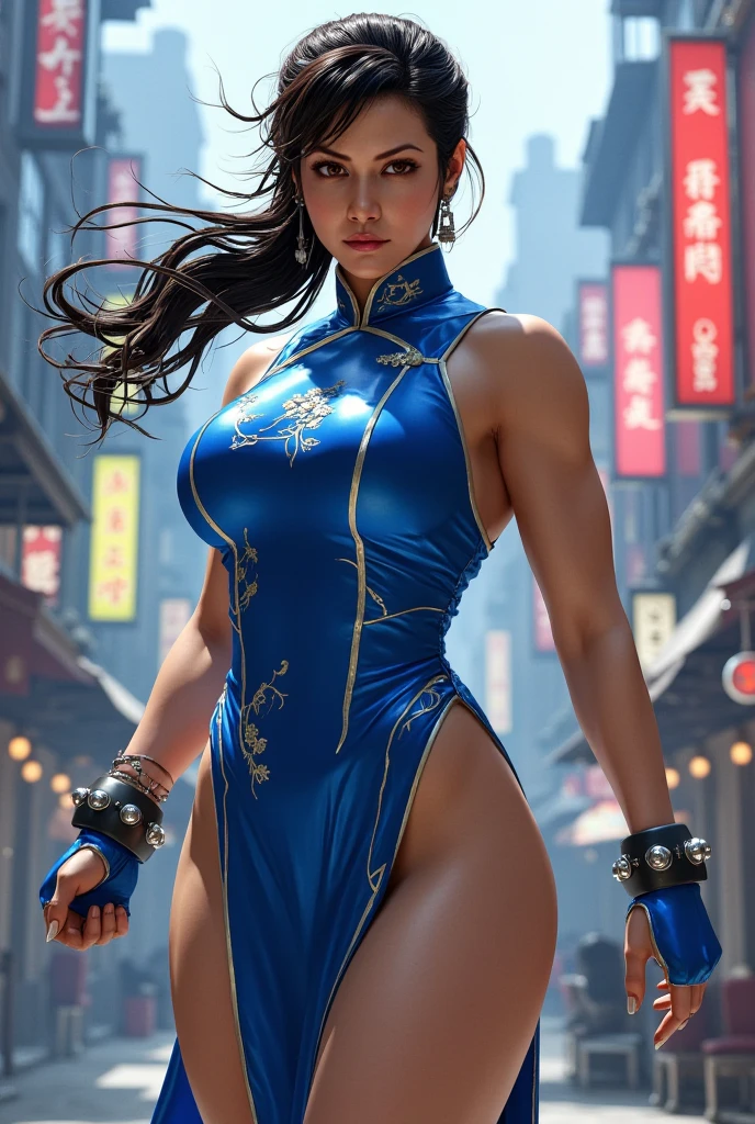 Create a hyper-realistic masterpiece of sexy Chun-Li, Goddess of beauty, she is adorable, has well-shaped lips. She is known for her classic and graceful beauty, defined body with sexy curves, sexy waist, slim leg, the iconic character from the sixth Street Fighter game. Capture your dynamic fighting stance and powerful kicks with exquisite detail. (sexy cheongsam clothes, erotic pink armor costume, pink micro panties, pink transparent micro panties showing pussy, pussy showing, big natural breasts, big breasts showing, chun-li hot erotica). The image should be in high definition (hard disk) and rendered in stunning 8K resolution, showing all the intricate features and textures. Pay attention to the fine details of Chun-Li's costume, including her traditional qipao dress and unique ox horn hairstyle. Use dramatic lighting to increase the intensity of the scene, enhancing its strength and determination. This photographic request aims to immortalize Chun-Li as a true work of art, showing her beauty, her toned, sensual body, Grace and prowess in the martial arts. Focus on character, Heroic image