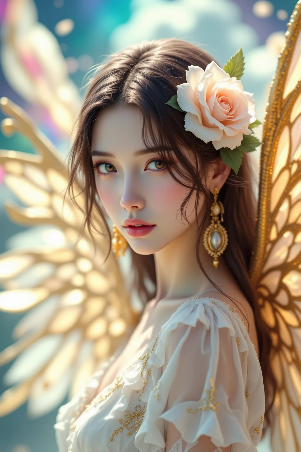 castle in the distance、face is in front、look at the camera、profile、8K、real photos、ultra high resolution, master parts, highest quality, ticker , cinematic images,nice girl、Ann、16 only、Annグロサクソン、double eyelid、droopy eyes、very big eyes、eyes are purple、dark eye shadow、lips are very thin、The tip of your nose grows beautifully...........................................、small nose,,,,, very detailed , silver hair、straight short hair、smile、 sweet expression 、)、very clear shadows , jewelry , fine eyes, Very difficult, shiny skin , パーフェクトブリリAnnト, perfect sentence, dramatic shadow、white tiara on head、gold necklace around neck、White aristocratic dress with gold embroidery、glass high heels、angel wings