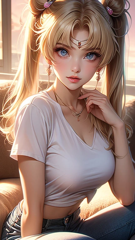 Traditional Media:1.2), (2D:1.2), (Center:1.3), Illustration, (((Masterpiece))), (((16 year old girl))), (((from above))), sitting on chair, blonde hair, highres, absurdres, white background, no bra, photorealistic, lifelike, steamy, blushing, sleeveless, youthful appearance, (((embarrassed look))), lip gloss, (((armpits))), (((looking at viewer))), (((bare skin))), ((medium chest)), correct anatomy, perfect face, detailed eyes, leaking, spurting, pouring, spouted, (((choker))), thighs, mascara, fair skin, beautiful, hairy genitals, (((white t-shirt)))