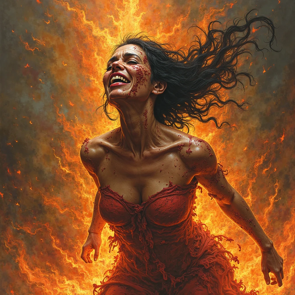 Nude Korean Female model, anggry girl flying in the air, archer in back, hand the firebender, ((realistic skin tone)), (((Erect nipples))), ((Red long hair)), (very wet breast and mouth), (open mouth), ((closed eye)), (half body), (vagina expose) Beautiful, White Skin, Colossal Breasts, Movie Lighting, ((Cleavage)), Rose Eye, Muscles, Bokeh, Masterpiece, Pose in battlefield, Dragon fire background, fire and dusty epic battle, Full body