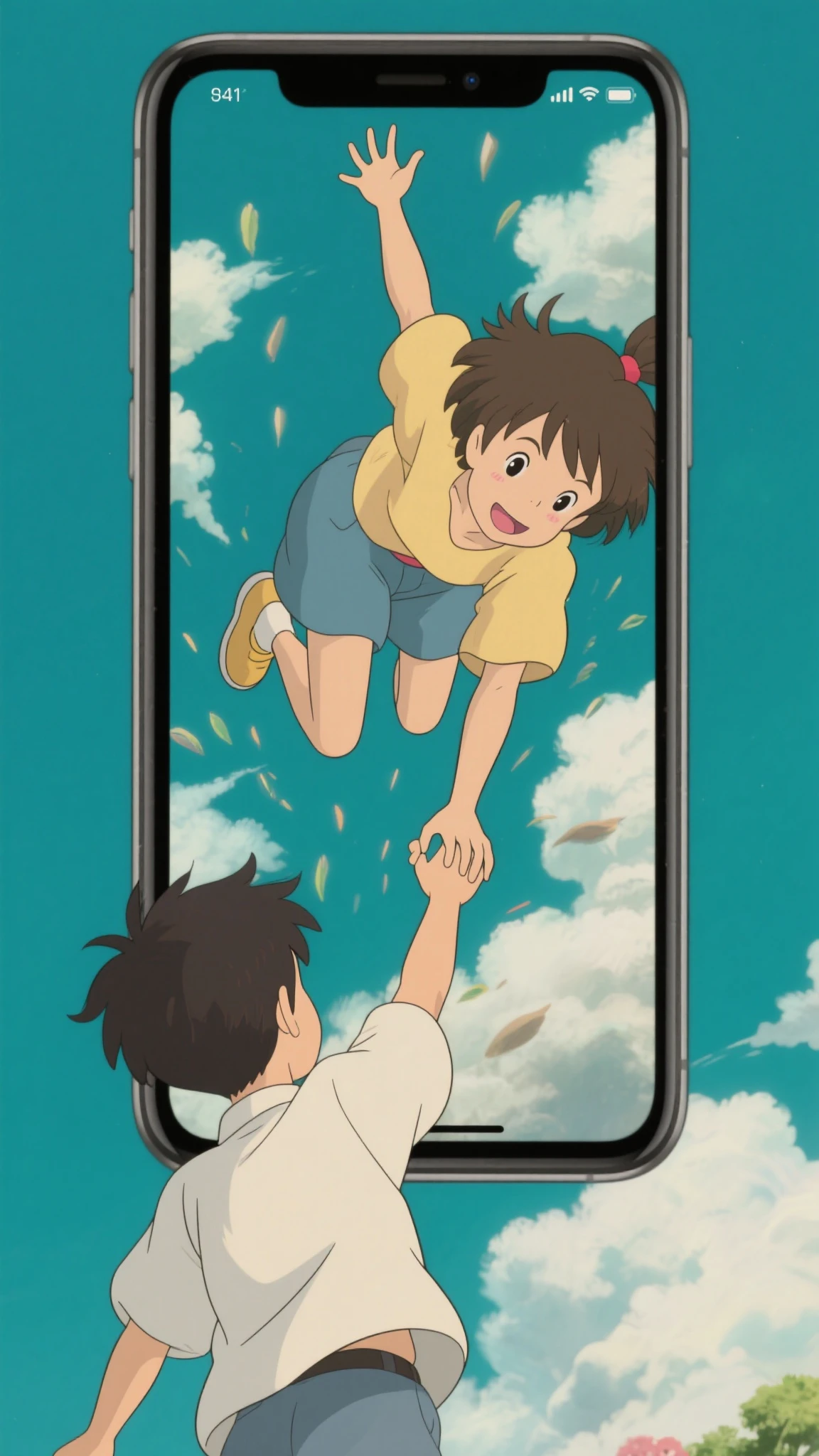 smartphone and hand holding it。A girl is falling from that screen。The boy outside the screen is trying to accept it。Studio Ghibli Style