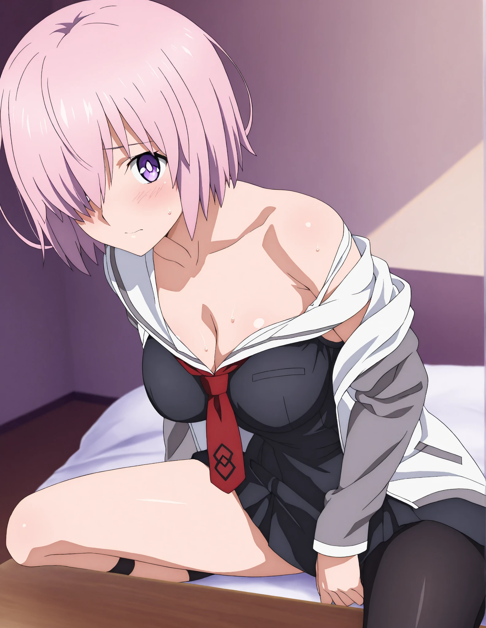 (A superb exquisite yuki nagato), (yuki nagato:1.5), brown eyes, brown hair, natural straight hair, solo, nature, extremely delicate, straight facial features, peerless beautiful girl, soft, (sensual face), ((ecchi face)), dreamy quality, exaggerated facial features, solid color, frank holly, delicate face, bright lips, slender waist, soft curves, real light and shadow, super fine, 4k, natural moving, Ultra high resolution, (masterpiece:1.2, best quality), (finely detailed beautiful eyes: 1.2), (beautiful detailed face), sexy nude model, sexy pose, (medium chest), (Perfect Body Proportions), (bedroom), Mekosuji, Spread your legs a little and show off your crotch, bra & panties,