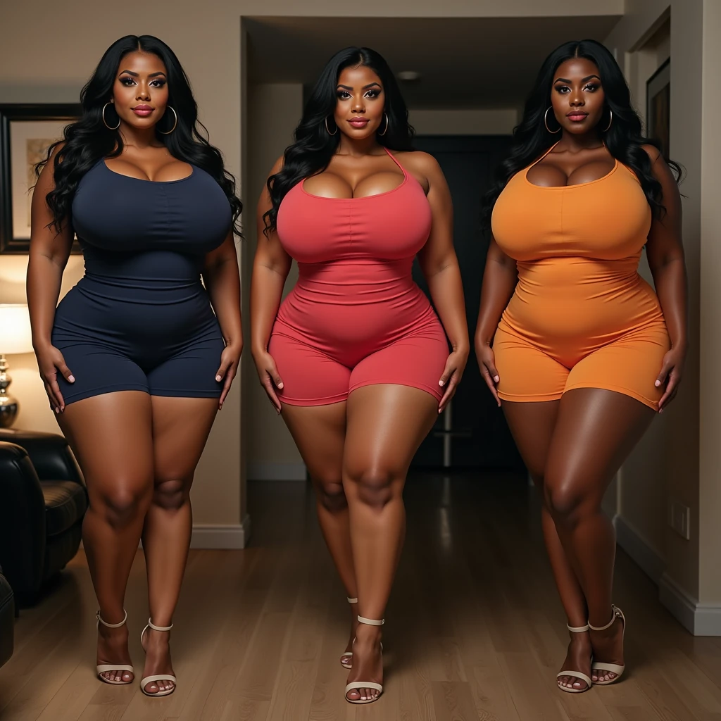 Objective: Posing confidently for an epic cover,
Attire: Donning a vibrant neon orange bubble romper with translucent inflatable parts, puffy lilac sleeves, and accentuating their physique,
Personality: Radiating confidence and charm with a playful smile and a bold attitude,
Perfect HUGE (HyperAss) ASS Lady duo with bubble romper, neon orange, epic: masterpiece cover, featuring two women with exaggerated curves, zero waist, and thick legs and thighs, showcasing their AfroWestern Gigantic Buttocks in a realistic style, captured in 80 mm UHD by Dynasty