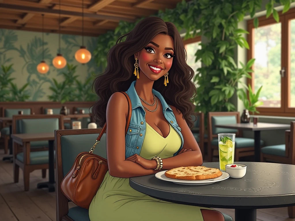 araffe woman sitting in a chair in a restaurant with a plate of food, beautiful mexican woman, with straight black hair, she has olive brown skin, violet myers, with long black hair, indian girl with brown skin, gorgeous woman, female with long black hair, gorgeous lady, beautiful city black woman only, gorgeous latina face, with brown skin