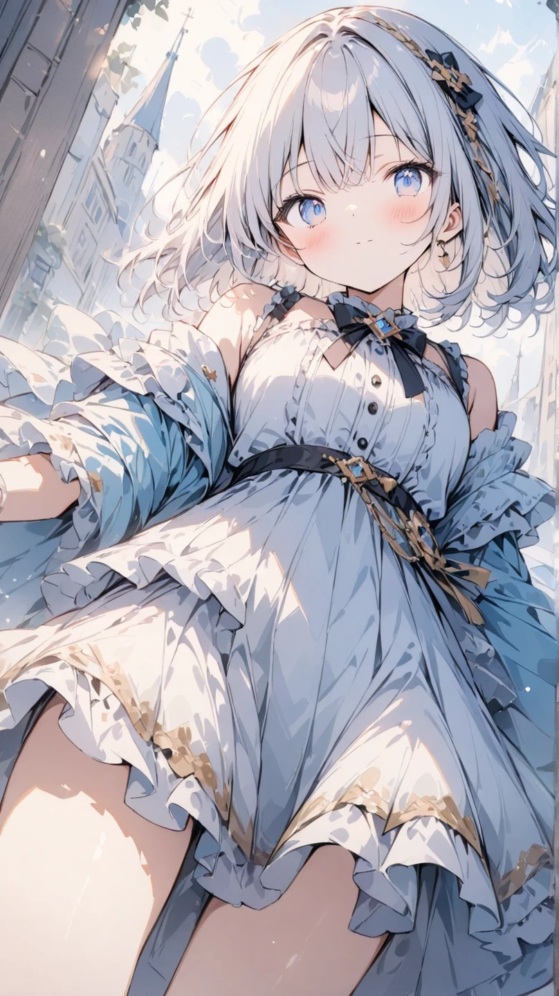 ((masterpiece)), (((best quality))), ((ultra-detailed)), ((illustration)), ((disheveled hair)), ((frills)), (1 girl), (solo), dynamic angle, big top sleeves, floating, beautiful detailed sky, on beautiful detailed water, beautiful detailed eyes, overexposure, (fist), expressionless, side blunt bangs, hairs between eyes, ribbons, bowties, buttons, bare shoulders, (((small breast))), detailed wet clothes, blank stare, pleated skirt, flowers