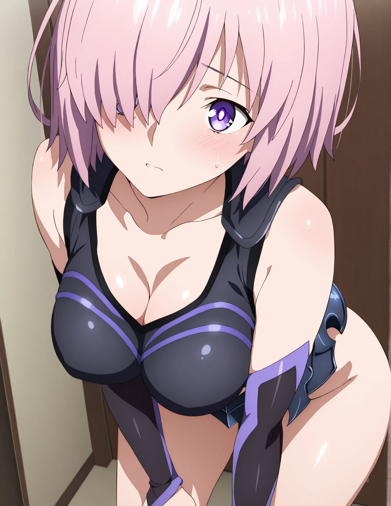 {{{mash kyrielight}}}, smile, ahegao, 1boy, 1girlstanding, arms up, boy is grabbing girl's breasts from behind, nipple, cum in pussy, looking at viewer