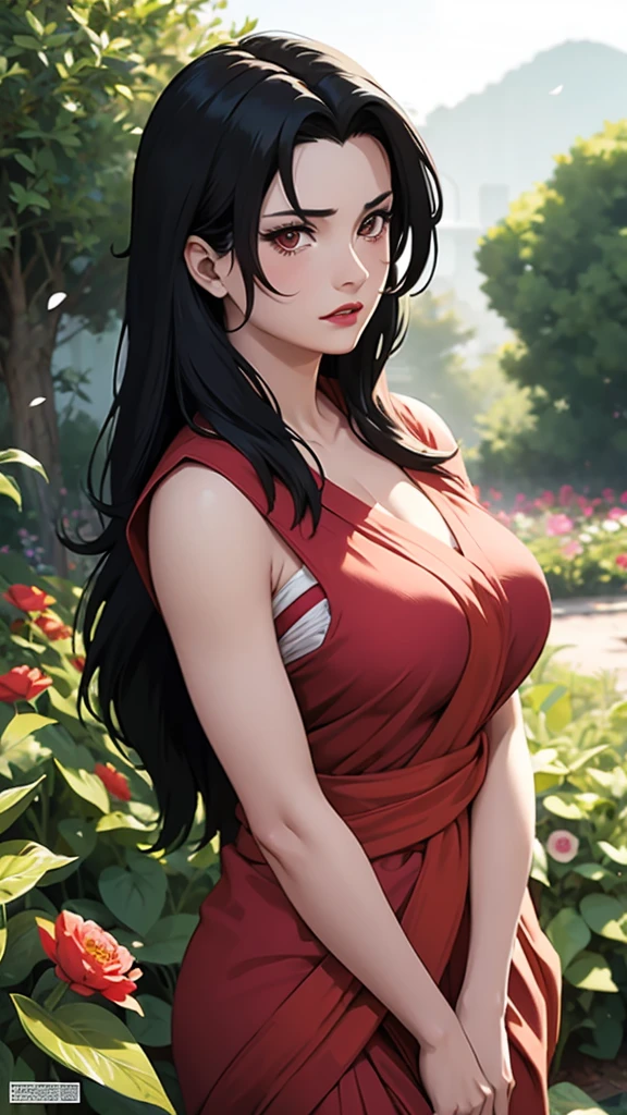 a girl with flowing black hair, dressed in a sexy Greek goddess costume, standing gracefully in a lush garden. The girl has beautiful detailed eyes and long eyelashes, captivating anyone who looks into her eyes. Her lips are also beautifully detailed, adding to her allure. She exudes confidence and poise, with a hint of mystery in her gaze. The garden surrounding her is vibrant and colorful, with blooming flowers and lush greenery. The atmosphere is bathed in warm sunlight, casting a soft glow over the scene. The girl's costume is made of flowing fabric, draping elegantly around her figure. The material shimmers in the sunlight, adding a touch of ethereal beauty to her appearance. The image quality of this artwork is of the highest standard, with ultra-detailed elements that showcase the intricate textures and details of the girl's hair, costume, and the surrounding nature. The colors are vivid, bringing the scene to life with vibrant hues. The lighting is expertly rendered, creating a sense of depth and dimension in the image. The overall style of the artwork is a captivating blend of realism and fantasy, creating a unique and mesmerizing visual experience.