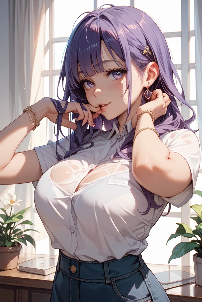 ((((masterpiece, best quality, high resolution)))), (1girl:1.5), (long silky hair, purple hair, purple eyes, hair ornaments), (large breasts:1.2), blush, (cheeky smile, parted lips), glow, thighs, bare shoulders, collarbone, narrow waist, (slender body figure), (beautiful detailed face, beautiful detailed eyes), ((wet white tshirt, panties showing package:1.3)), (standing up), looking at viewer, nighttime, bedroom, (cowboy shot),raidenshogundef