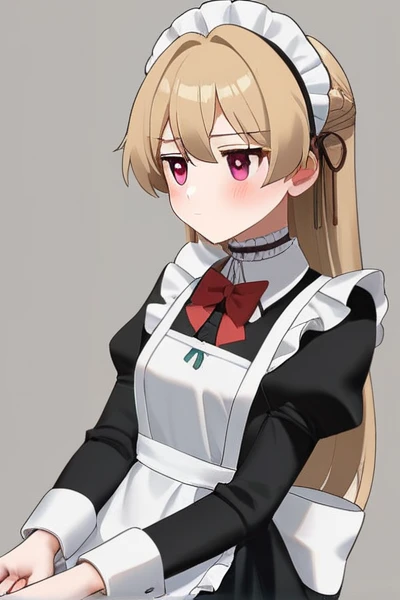 masterpiece, best quality,hahaoya,1girl,pink eyes,blush,solo, hair over shoulder,hair between eyes,looking at viewer, maid,maid headdress, enmaided ,dress, pantyhose,black footwear, short sleeves,sweatdrop,white background, simple background, 
<lora:hahaoya e1-000009:0.75>