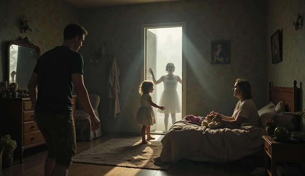 Spirit of lady attacking families in a bright room