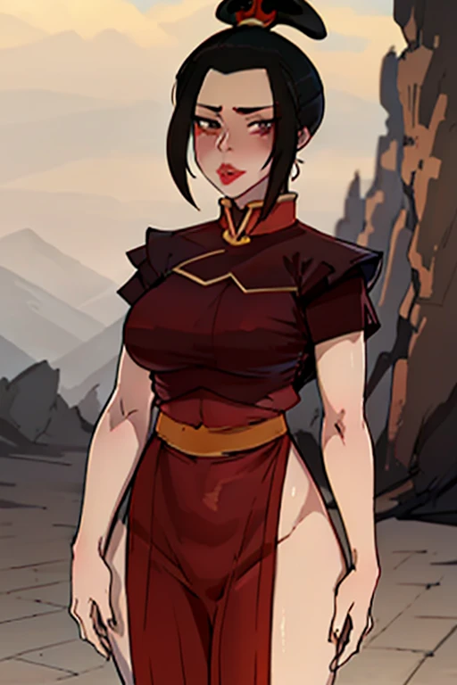 (azula, satisfied expression, top knot, cleavage, big eyes, big lips, ), (shoulder pads, black beltbra, beltbra, slutty), pubic hair peeking out, massive breasts, cleavage, breasts, spread legs, detailed face, massive breasts, breasts bursting out, detailed face, afternoon, masterpiece, breast indentation, hyperrealism, heavy makeup, massive breasts and ass, (breast sag), downblouse, nipslip ,face and chest focus, suggestive pose, dark areolae, cowboy shot, thin legs, nsfw, slutty