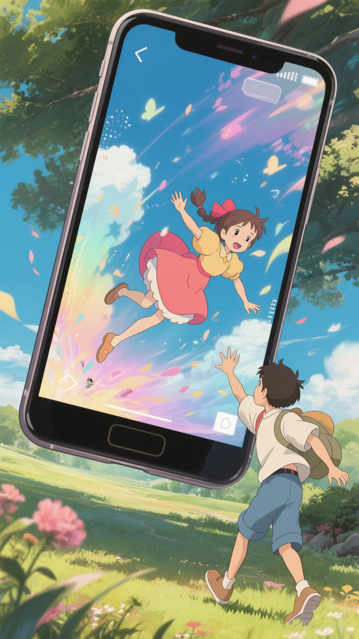 smartphone and hand holding it。A girl is falling from that screen。The boy outside the screen is trying to accept it。Studio Ghibli Style