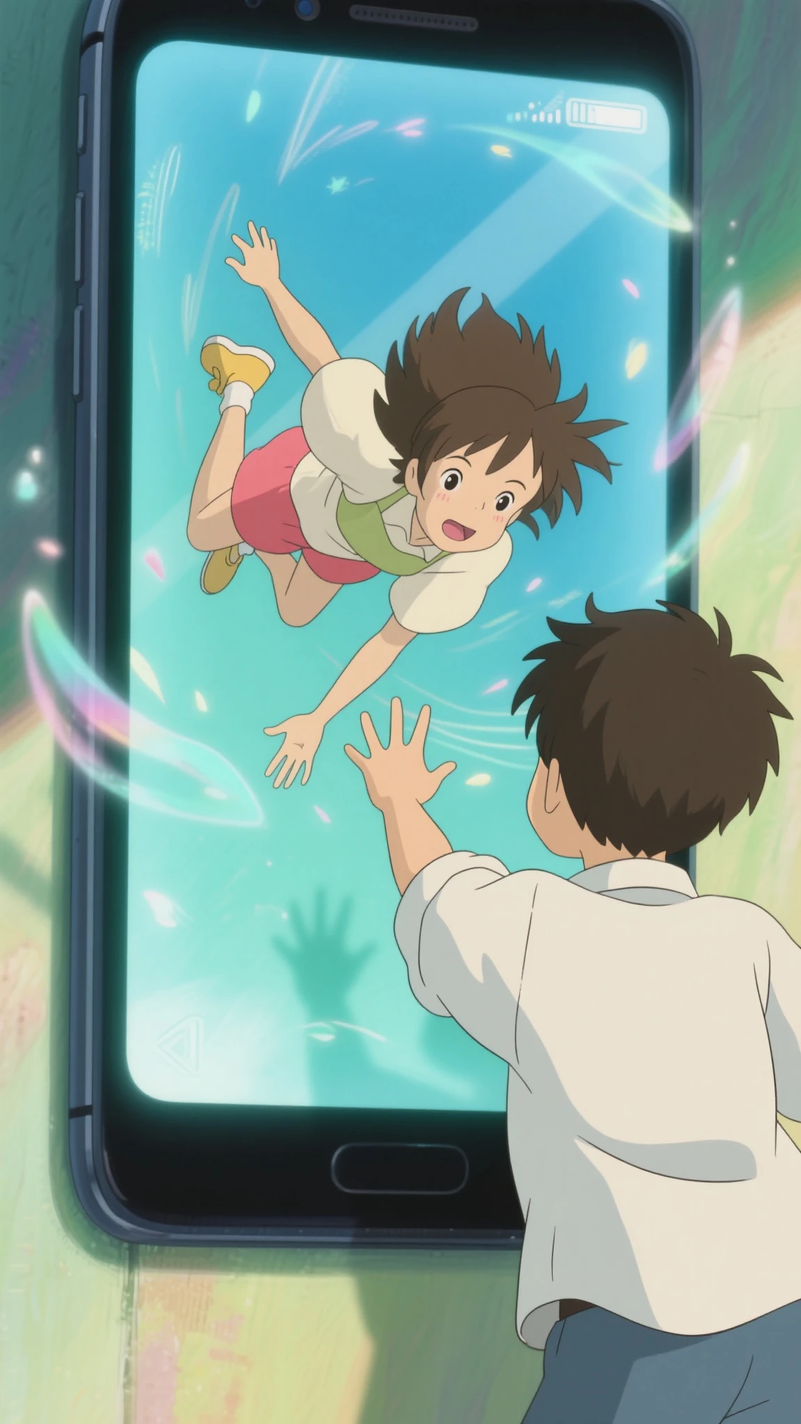 smartphone and hand holding it。A girl is falling from that screen。The boy outside the screen is trying to accept it。Studio Ghibli Style