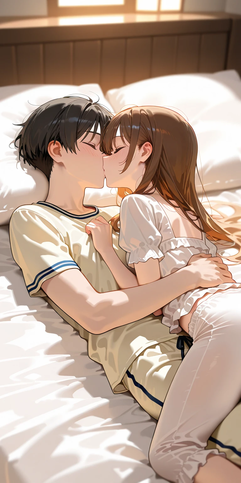 score_9, score_8_up, score_7_up, source_anime, 1boy, 1girl, mature female, mother and son, ???, hug, kiss, hand on head, lying on the bed,